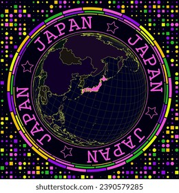 Futuristic Japan on globe. Bright neon satelite view of the world centered to Japan. Geographical illustration with shape of country and geometric background. Superb vector illustration.