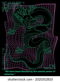 Futuristic japanese dragon illustration print with 3d grid background and neon slogan for graphic tee t shirt - Vector