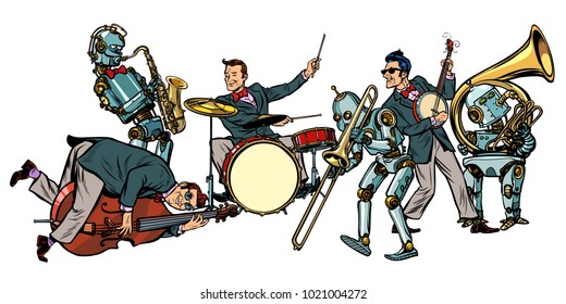 futuristic jazz orchestra of humans and robots, isolated on white background. Pop art retro vector illustration comic cartoon hand drawing