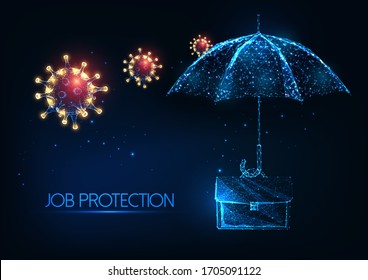 Futuristic Job protection during coronavirus pandemic quarantine with glowing low polygonal suitcase, umbrella, viruses on dark blue background. Modern wire frame mesh design vector illustration. 