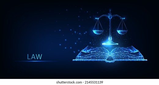 Futuristic justice, law education concept with glowing low polygonal open book and scales