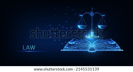 Futuristic justice, law education concept with glowing low polygonal open book and scales