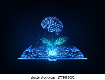 Futuristic knowledge, education, creativity concept with glowing low polygonal open book and plat with brain as a flower on dark blue background. Modern wire frame mesh design vector illustration. 