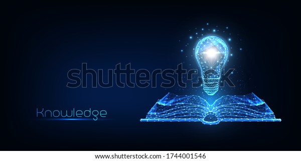 Futuristic knowledge, inspiration, creative\
thinking concept with glowing low polygonal book and electric light\
bulb on dark blue background. Modern wire frame mesh design vector\
illustration.