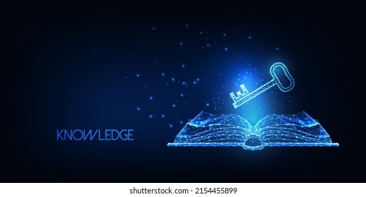 Futuristic knowledge, wisdom, education concept with glowing open book and key on dark blue