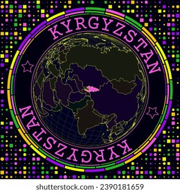 Futuristic Kyrgyzstan on globe. Bright neon satelite view of the world centered to Kyrgyzstan. Geographical illustration with shape of country and geometric background. Powerful vector illustration.