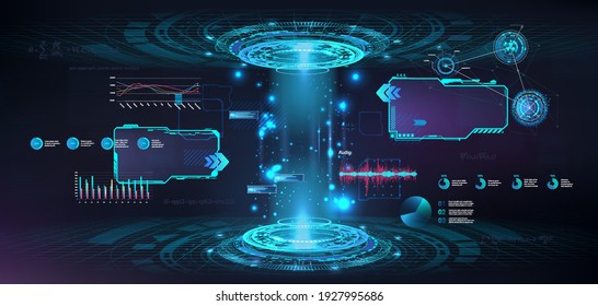 Futuristic lab with 3D circle and HUD elements interface for UI, GUI, Web presentation. Stage hologram 3D with light and glow effect. Sci-fi HUD digital podium with projector. Vector magic show podium