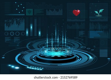 Laboratorio futurista con círculo 3D y elementos HUD interrelacionados. Holograma en blanco para mostrar su producto. Interfaz de usuario elementos HUD e Infographic, gráfico virtual, simulación, gráfico, icono. Vector