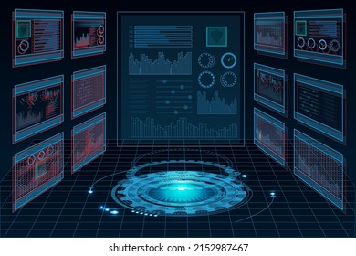 Futuristic Lab With 3D Circle And HUD Elements Interface. Blank Hologram For Show Your Product. User Interface HUD And Infographic Elements, Virtual Graphic, Simulation, Graph, Icon. Vector