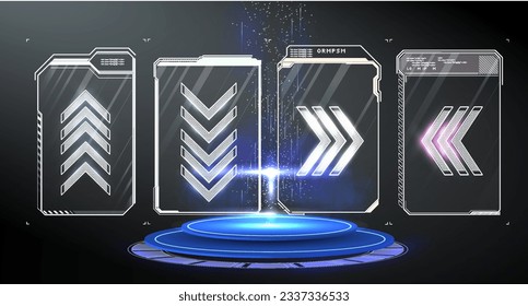 Futuristic lab with 3D circle and HUD elements interface. Blank Hologram for show your product. Circle technology portal. Vector illustration