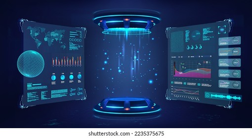 Futuristic lab with 3D hologram podium for presentation product. Futuristic 3D capsule with HUD interface on lab, concept cyberpunk.
Teleport, portal, stage, podium or hologram concept. Vector banner