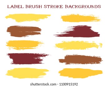 Futuristic label brush stroke backgrounds, paint or ink smudges vector for tags and stamps design. Painted label backgrounds patch. Interior colors scheme swatches. Ink smudges, orange brown spots.