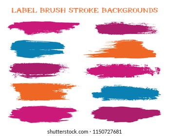 Futuristic label brush stroke backgrounds, paint or ink smudges vector for tags and stamps design. Painted label backgrounds patch. Interior colors scheme elements. Ink smudges, magenta spots.
