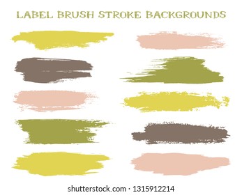 Futuristic label brush stroke backgrounds, paint or ink smudges vector for tags and stamps design. Painted label backgrounds patch. Interior colors scheme samples. Ink smudges, pink green spots.