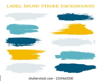 Futuristic label brush stroke backgrounds, paint or ink smudges vector for tags and stamps design. Painted label backgrounds patch. Interior paint color palette swatches. Ink blue orange stains, spots