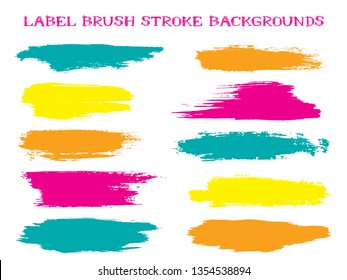 Futuristic label brush stroke backgrounds, paint or ink smudges vector for tags and stamps design. Painted label backgrounds patch. Interior paint color palette swatches. Ink smudges, teal spots.