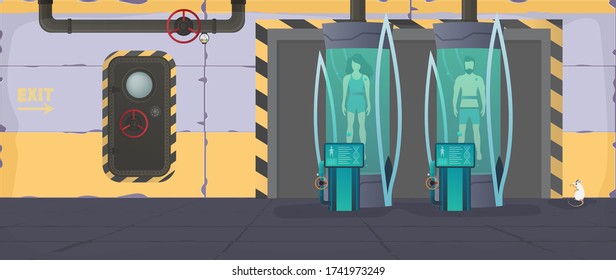Futuristic laboratory with cryogenic capsules or containers. Cryon technology for humans or the cryogenic chamber of an astronaut. Sci-fi astronaut sleep mode. Cartoon style. Vector.