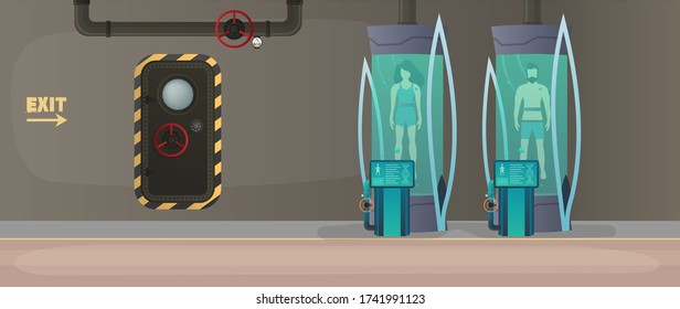 Futuristic laboratory with cryogenic capsules or containers. Cryon technology for humans or the cryogenic chamber of an astronaut. Sci-fi astronaut sleep mode. Cartoon style. Vector.