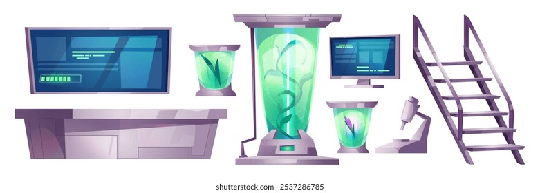 Equipamento de laboratório futurista para espaçonaves. Grandes monitores com dados, tubos de ensaio com substâncias brilhantes e plantas, escadas para cima de metal , microscópio científico.