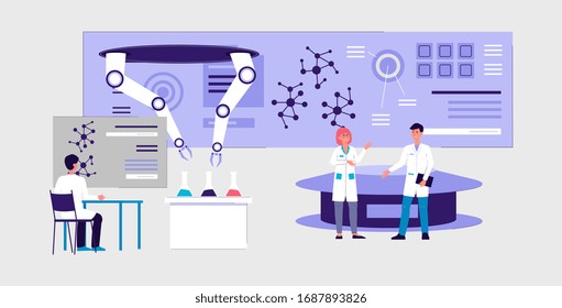 Futuristic laboratory interior banner - cartoon scientist people doing science experiment using robotic hand technology and modern equipment, vector illustration.