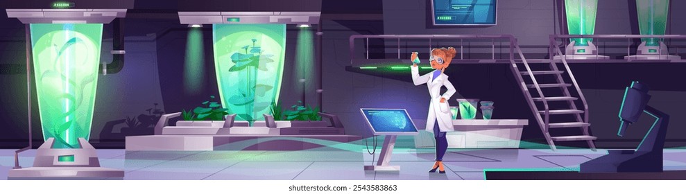 Laboratorio futurista interior en la nave espacial para el juego. Futuro laboratorio en nave espacial con planta dentro de cápsula criogénica. Panel de datos y monitor en búnker para la investigación científica. Personaje científico de la mujer