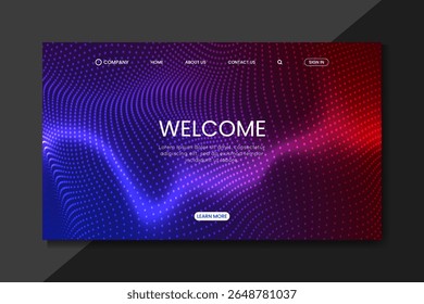 Futuristic Landing Page Design with Abstract Dot Wave Background in Blue and red Gradient