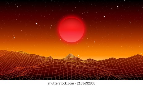 Futuristic Landscape With 80s Styled Cyberpunk Grid Mountains On Orange Planet. Synthwave Background For Music Cover Or Poster.