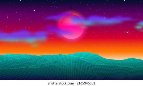Futuristic landscape with 80s styled cyberpunk grid mountains on green planet with orange sky. Synthwave background for music cover or poster.