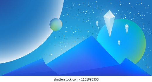 Futuristic landscape background of mountains and space. Cosmic neon illustration in 80s style