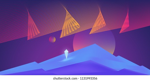 Futuristic landscape background of mountains and space. Cosmic neon illustration in 80s style