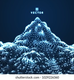 Futuristic landscape background with shiny grid. 3d low-poly terrain. Cyberspace grid. Vector illustration for Science, Chemistry or Education.