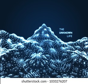 Fundo de paisagem futurista com grade brilhante. 3d terreno de baixa-poli. Grade do ciberespaço. Ilustração vetorial para Ciência, Química ou Educação.