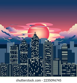 Futuristic landscape with big city at night, red moon and fluffy clouds. Vector illustration of fantastic landscape at night.