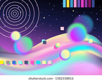 Futuristic landscape. Fluid neon gradient. Vector artwork. Pink, blue, purple paslel colors. Retrowave, synthwave, rave, vapor party background. Yesterday’s tomorrow. Trendy retro style. Banner, print