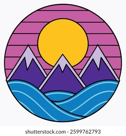 Futuristic landscape with glowing sun behind mountains with a wave aesthetic