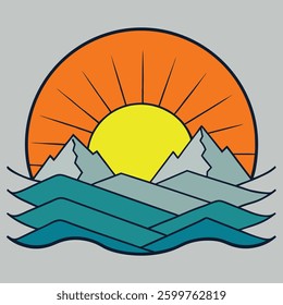 Futuristic landscape with glowing sun behind mountains with a wave aesthetic
