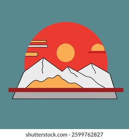 Futuristic landscape with glowing sun behind mountains with a wave aesthetic