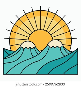Futuristic landscape with glowing sun behind mountains with a wave aesthetic