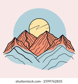 Futuristic landscape with glowing sun behind mountains with a wave aesthetic
