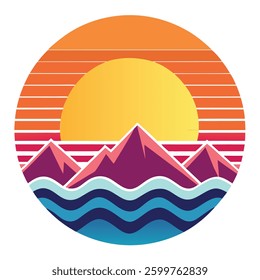 Futuristic landscape with glowing sun behind mountains with a wave aesthetic