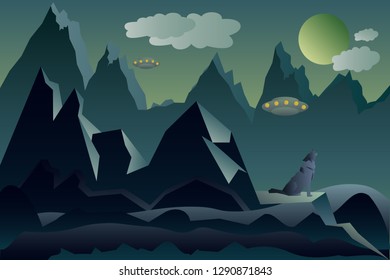 Futuristic landscape in green tones. A wolf sitting on the edge of a rock and howling at a round moon against the backdrop of mountains and flying saucers.