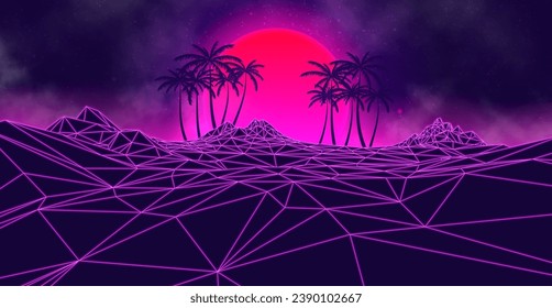 Paisaje futurista con montañas, palmeras y puesta de sol. concepto de neón retro de los años 80. Ilustración vectorial.