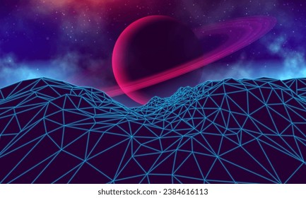 Futuristic landscape with mountains and planet. 80s retro neon concept. Vector illustration.