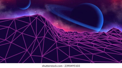 Futuristic landscape with mountains and planets. 80s retro neon concept. Vector illustration.