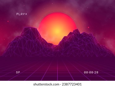 Futuristic landscape with mountains and sunset. 80s retro neon concept. Vector illustration.