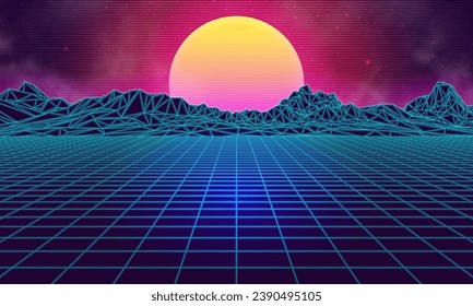 Paisaje futurista con montañas y puesta de sol. concepto de neón retro de los años 80. Ilustración vectorial.