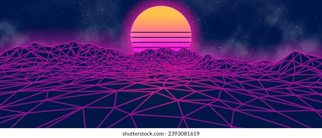 Futuristic landscape with mountains and sunset. 80s retro neon concept. Vector illustration.