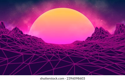 Futuristic landscape with mountains and sunset. 80s retro neon concept. Vector illustration.