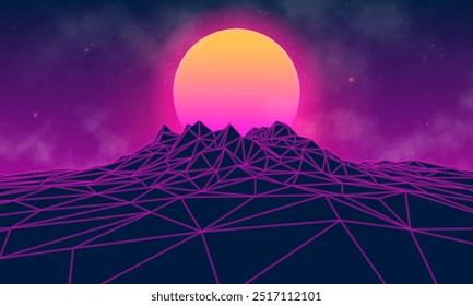 Paisagem futurista com montanhas e pôr do sol. Conceito de néon retrô dos anos 80. Ilustração vetorial.
