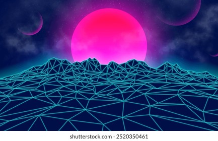 Futuristic landscape with mountains and sunset. 80s retro neon concept. Vector illustration.